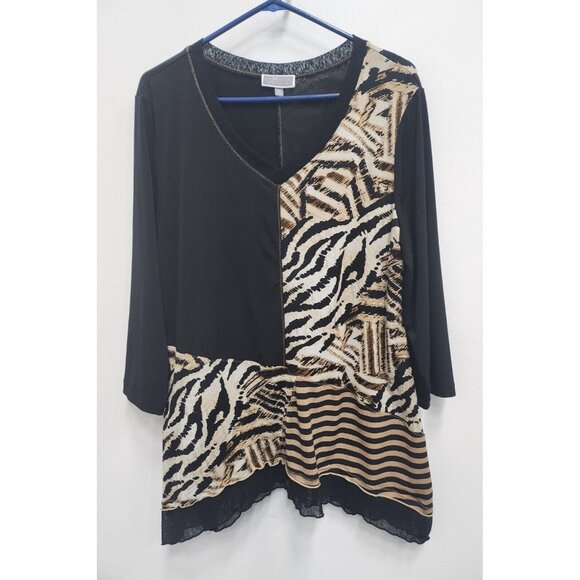 JM Collection Tops - JM Collection Womens Tunic Top XL Black Tan Animal Print Patchwork Sharkbite